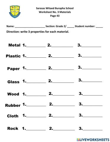 Science Worksheet No. 3 Materials