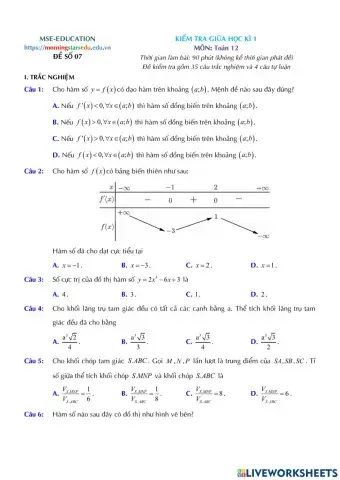 Toán 12 - Kiểm tra GK1 - Đề số 07