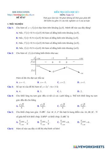 Toán 12 - Kiểm tra GK1 - Đề số 07