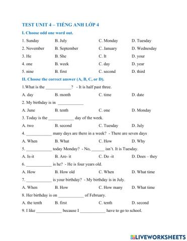 Test unit 4- TIẾNG ANH LỚP 4