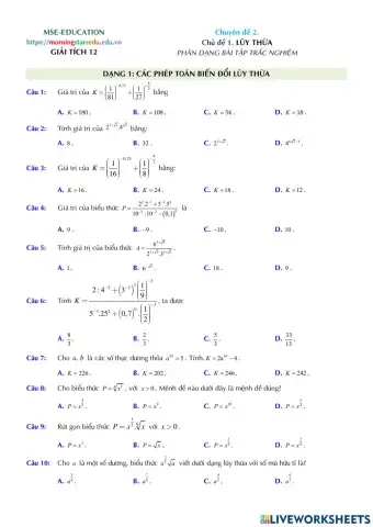 Giải tích 12 - Chườn 2 - Bài 1. Lũy thừa