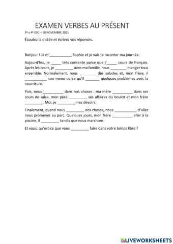 Examen verbes présent