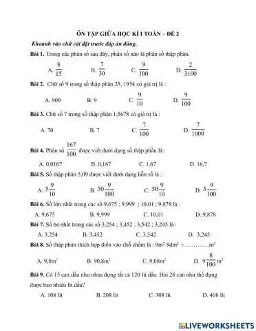 Trắc nghiệm kiểm tra giữa kì 1