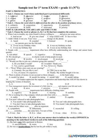 Sample test for 1st term EXAM – grade 11 (NO1)