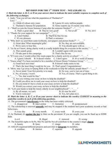 Revision for the 1st term test – no2 (grade 11)
