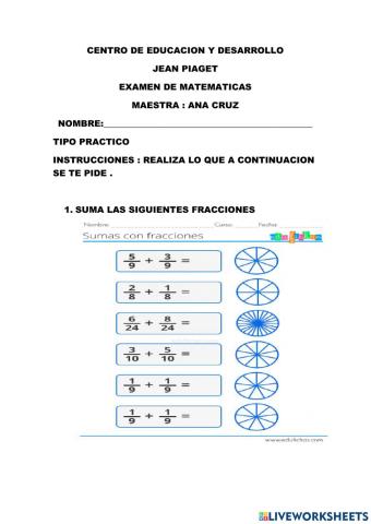 Examen de matematicas  fracciones cuarto grado