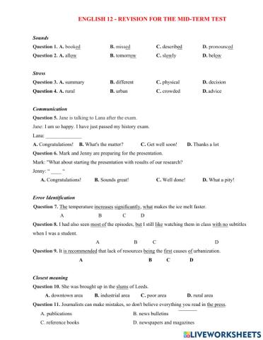 English 12 - Review for the Midterm Test