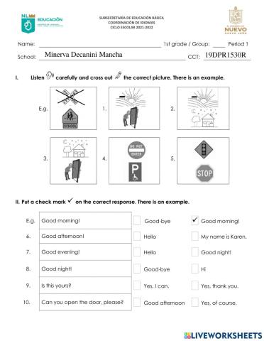 Primer Examen Trimestral 2021-2022 - Primer Grado