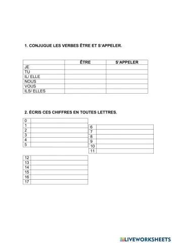 LES VERBES ÊTRE ET S'APPELER ET LES CHIFFRES