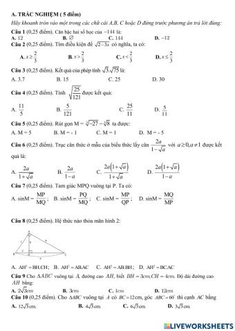 Trắc nghiệm giữa HK1 Toán 9 3