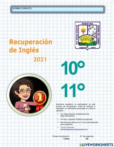 RECUPERACION DE INGLES 10 Y11
