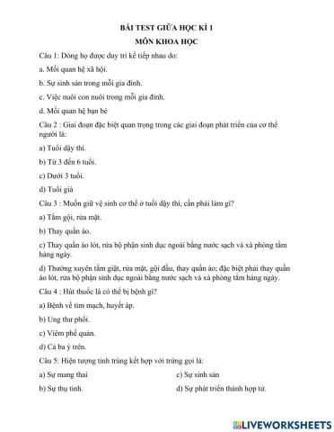 Test khoa học giữa kì 1