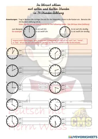 Die Uhrzeit in vollen und halben Stunden mit 24-Stunden-Zählung
