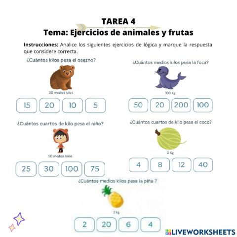 Ejercicios de animales y frutas