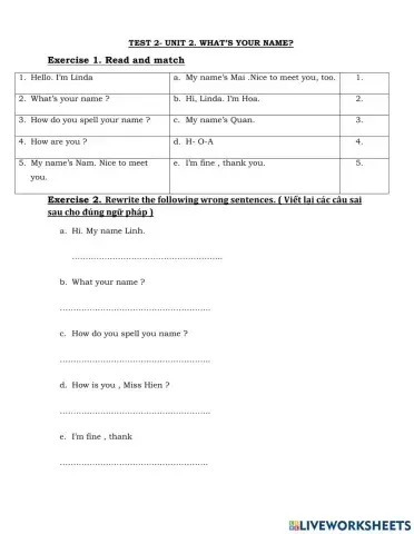 Test 2. Unit 2. What's your name?