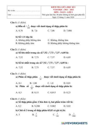 Đề kiểm tra giữa HKI môn Toán