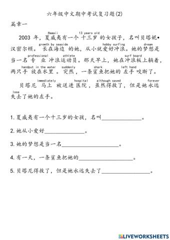 六年级中文期中考试复习题(2)