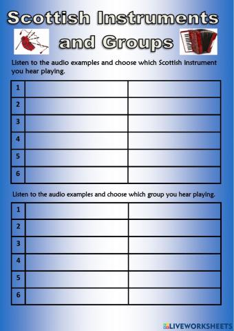 Scottish Instruments and Groups Worksheet N5 Music