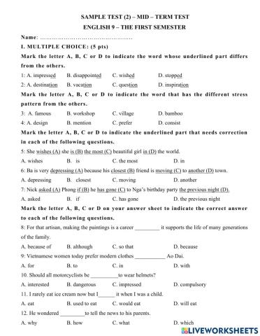 Đề thi thử số 2- kiểm tra giữa kì 1 - tiếng anh 9