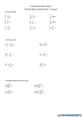 Parastās daļas un jaukti skaitļi. 2.variants