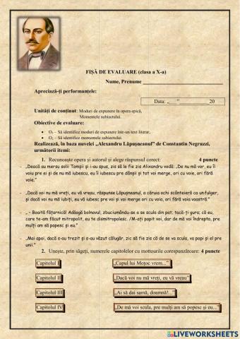 Fișa de evaluare ALEXANDRU LĂPUȘNEANUL de Constantin Negruzzi