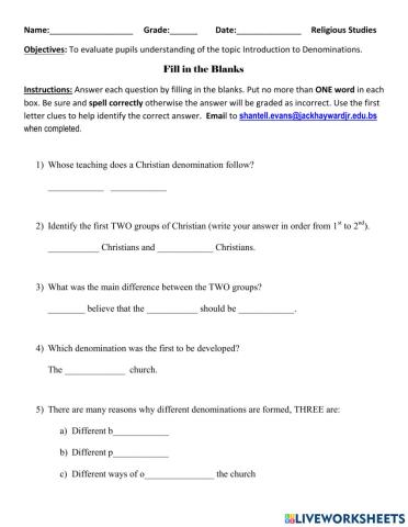 Introduction To Denominations Fill In the Blanks