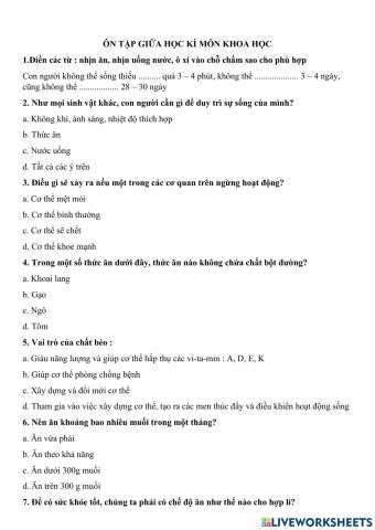 Ôn tập giữa học kì môn Khoa học