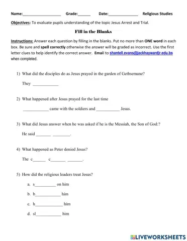 Jesus Trial and Arrest FillInTheBlank