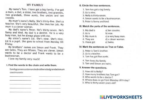 My FAMILY. Reading. Grade 4.