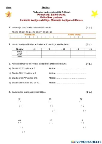 Pirmskaitļi. Salikti skaitļi. Dalāmības pazīmes. Lielākais kopīgais dalītājs. Mazākais kopīgais dalāmais.