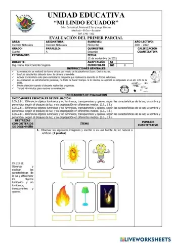 Evaluación del Primer Parcial de Ciencias Naturales del Segundo Quimestre