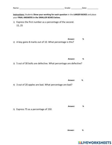 Percentage of One Quantity to Another