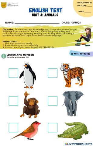3rd Grade - English Test -Animals-