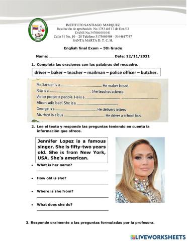 Examen final de inglés 5°