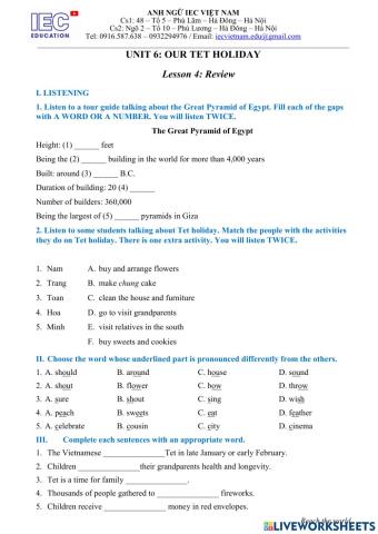 Unit 6 : Grade 6 : OUR TET HOLIDAY.