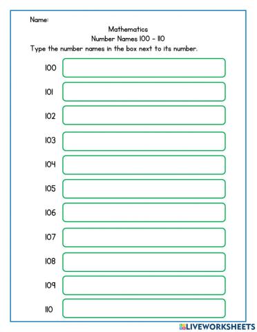 Spelling Number Names 100 -110 in order