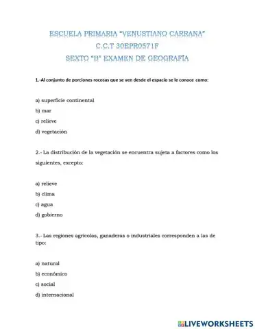 Examen geografía sexto