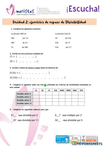 Ejercicios de repaso Unidad 2: divisibilidad