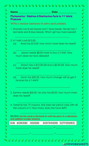 Addition & Subtract Fact Word Problems