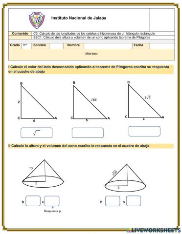Mi test sobre teorema de opitagoras