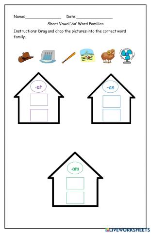 Short Vowel -Aa' Word Families -at, -an, -am