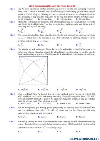 Ứng dụng đạo hàm vào bài toán thực tế