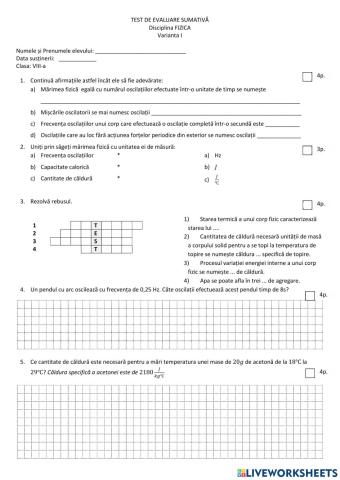 Evaluare sumativă la fizică. Clasa a VIII-a (partea 1)