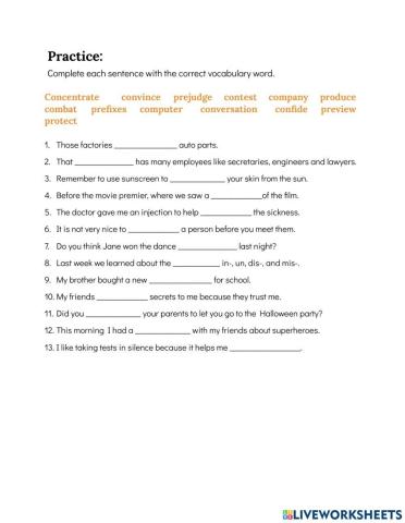 Prefixes com-, con-, pre-, pro- Vocabulary practice