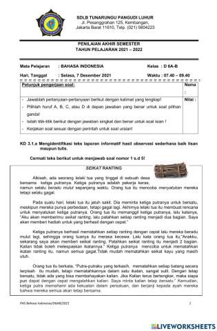 PAS Bahasa Indonesia Kelas D6AB,Senin,6 Desember 2021 Pukul 07,40-09.40 OK