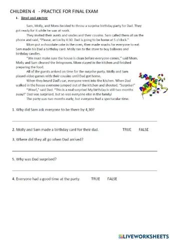 Ch 4 - exam practice - surprise party - read comp