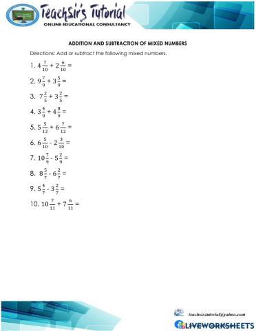 Addition and subtraction of mixed numbers with the same denominators
