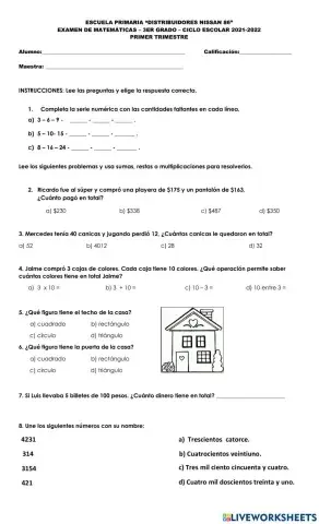 Examen de Matemáticas, Tercer grado.