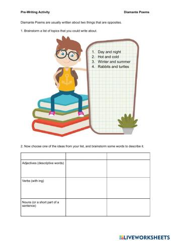 Pre-Writing Activity - Diamante Poems