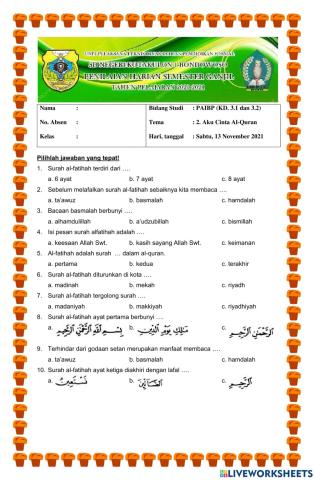 Soal PAI Kelas 1 Pembelajaran 2